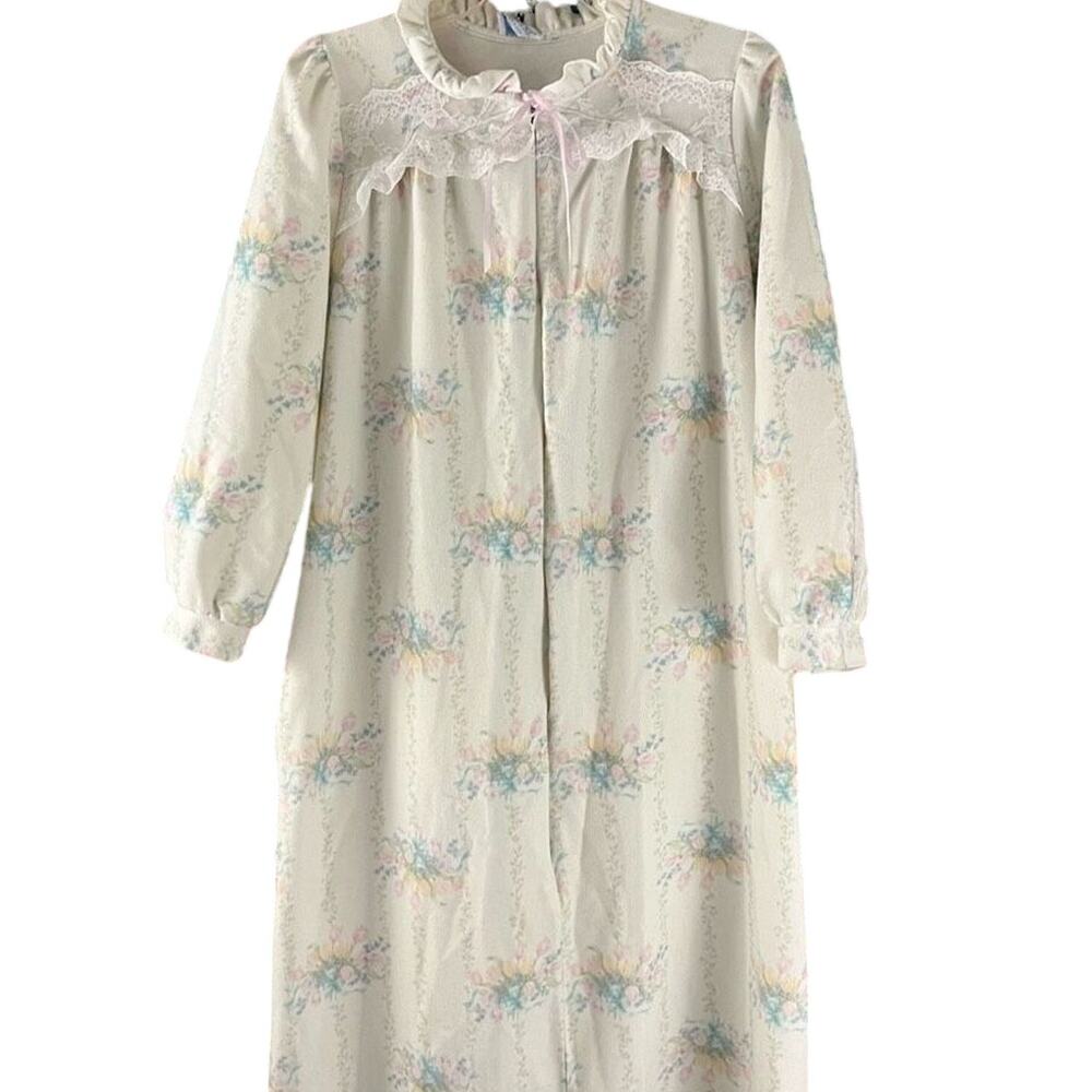 Vintage Lorraine Floral Print  Lace Trim Half Zip Nightgown House Dress M